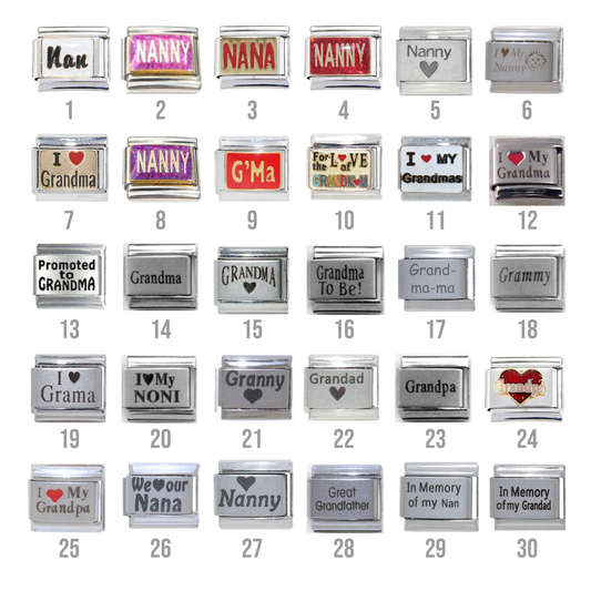 Nan, Grandad and other Grandparent charms - 9mm Italian charms