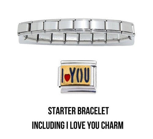 Shiny starter 9mm Italian charm bracelet and I Love you charm