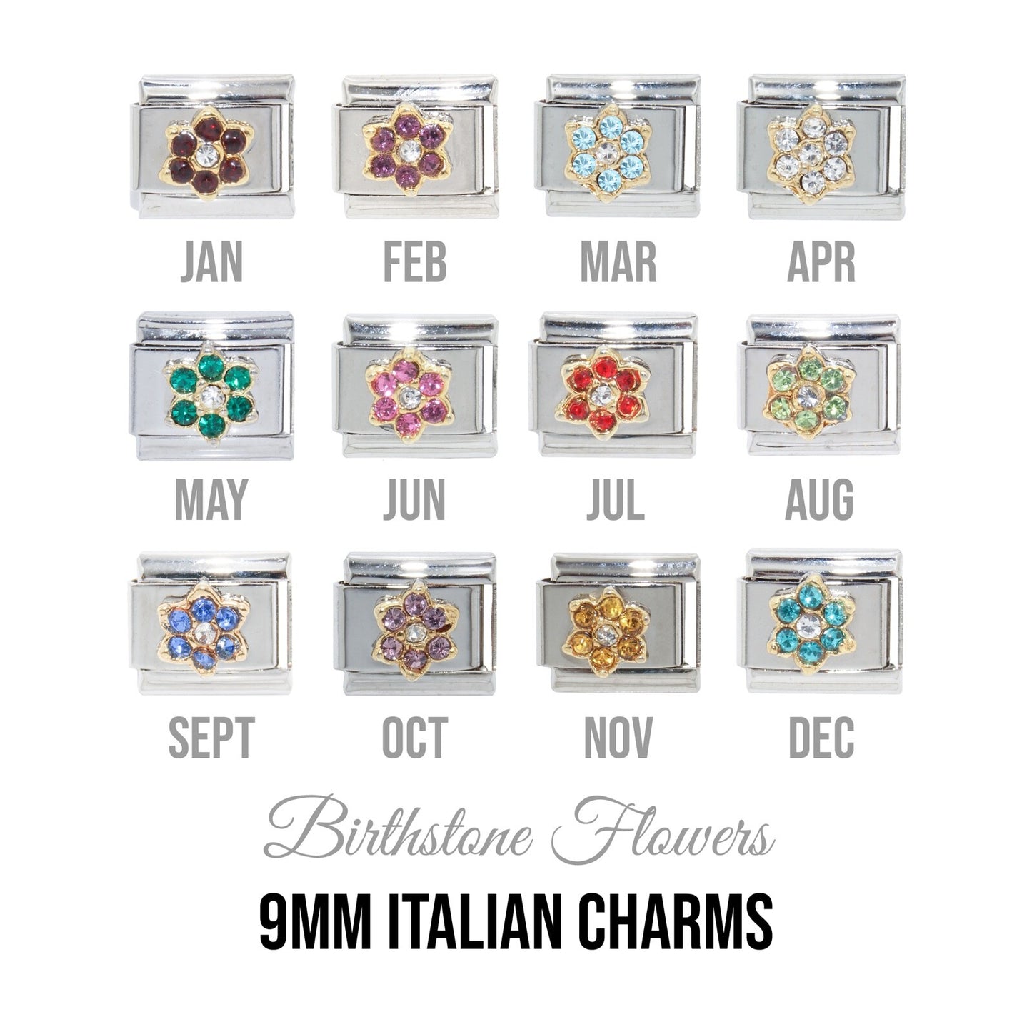 Birthstones - Flower gold rim 9mm Italian charm