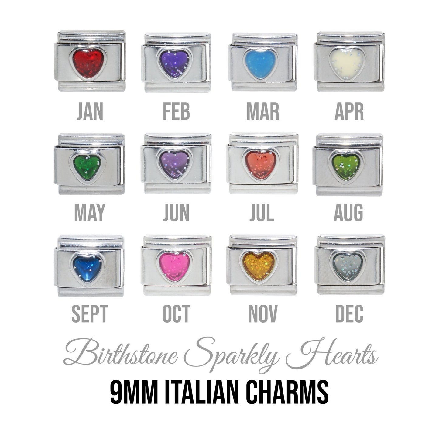 Birthstones - Sparkly heart 9mm Italian charm