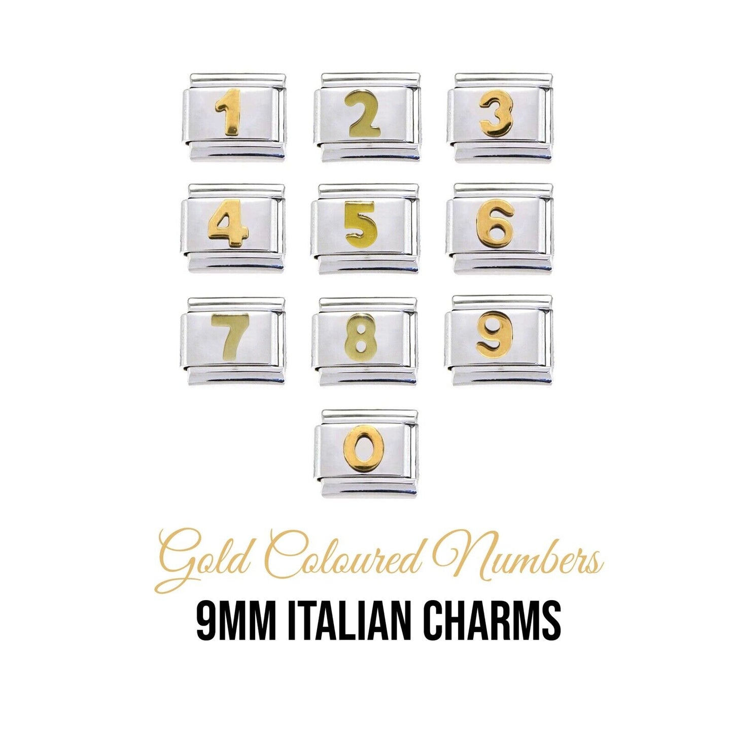 Gold coloured numbers - 9mm Italian charm