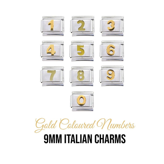 Gold coloured numbers - 9mm Italian charm