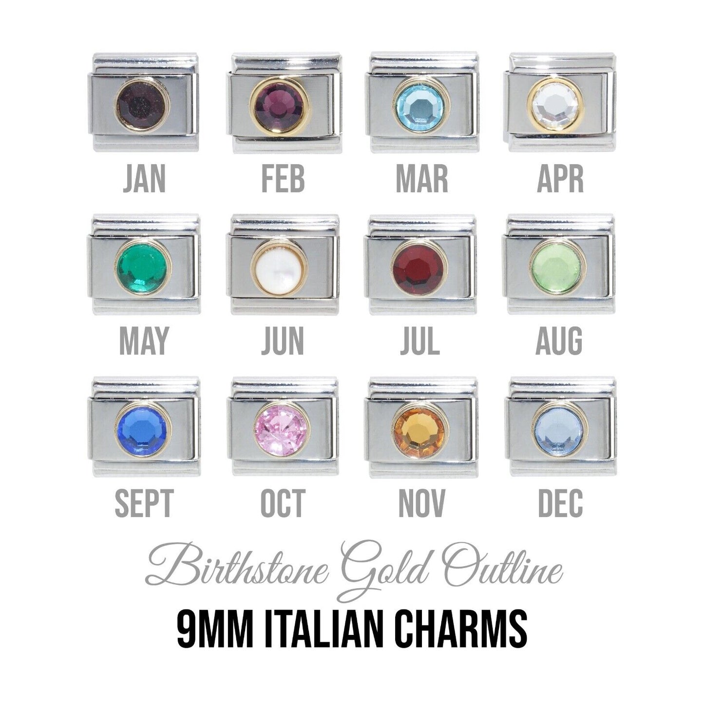 Birthstones- Circle with gold coloured rim 9mm Italian charm