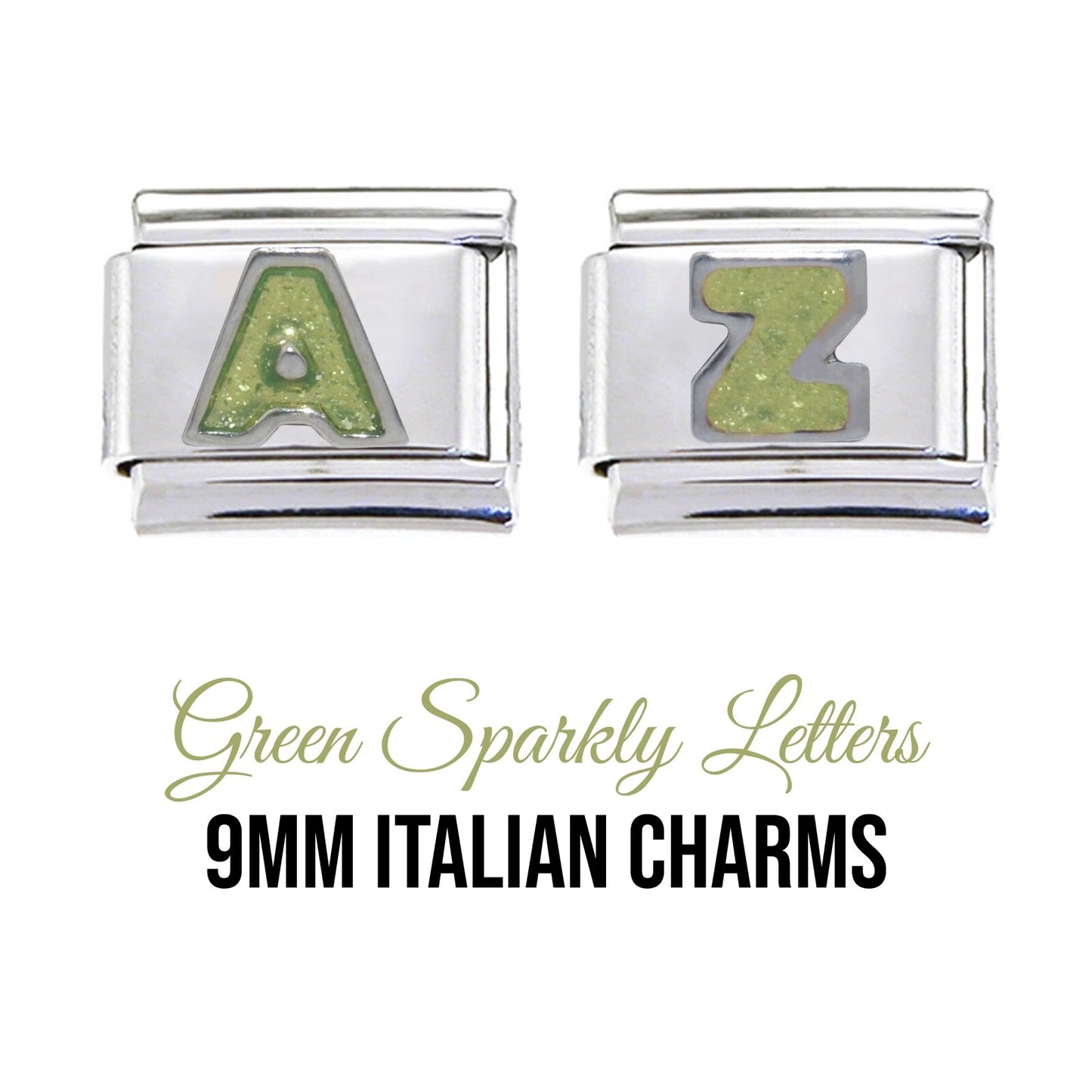 Letters - Green sparkly 9mm Italian charm