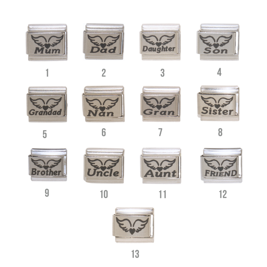 Angel wings and Heart with various family members - Memorial 9mm Italian charm