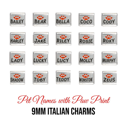 Pet name with pawprint 9mm Italian charms