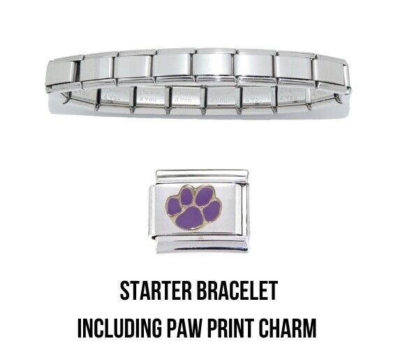 Shiny starter 9mm Italian charm bracelet and purple pawprint charm