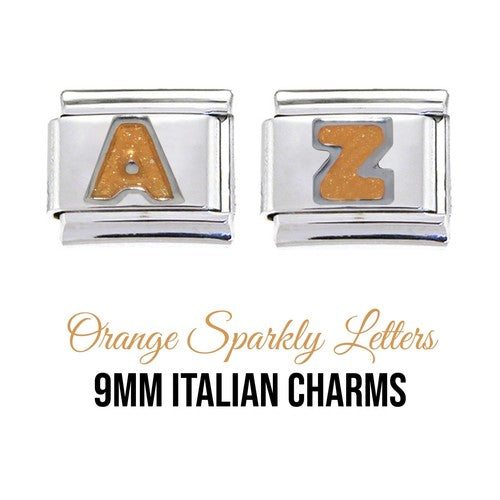 Letters - Orange sparkly 9mm Italian charms