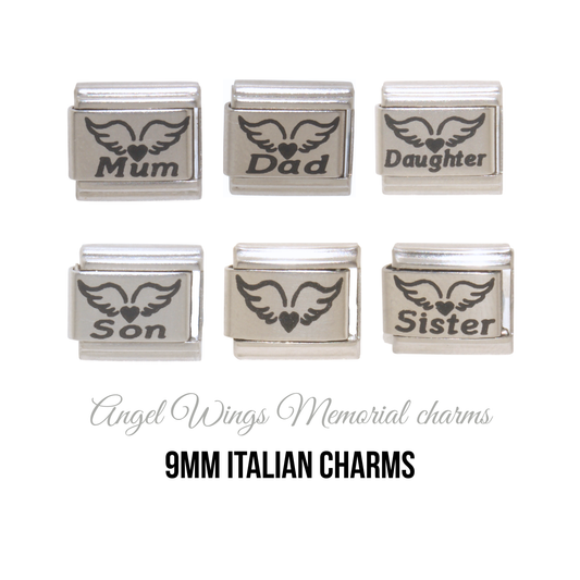 Angel wings and Heart with various family members - Memorial 9mm Italian charm
