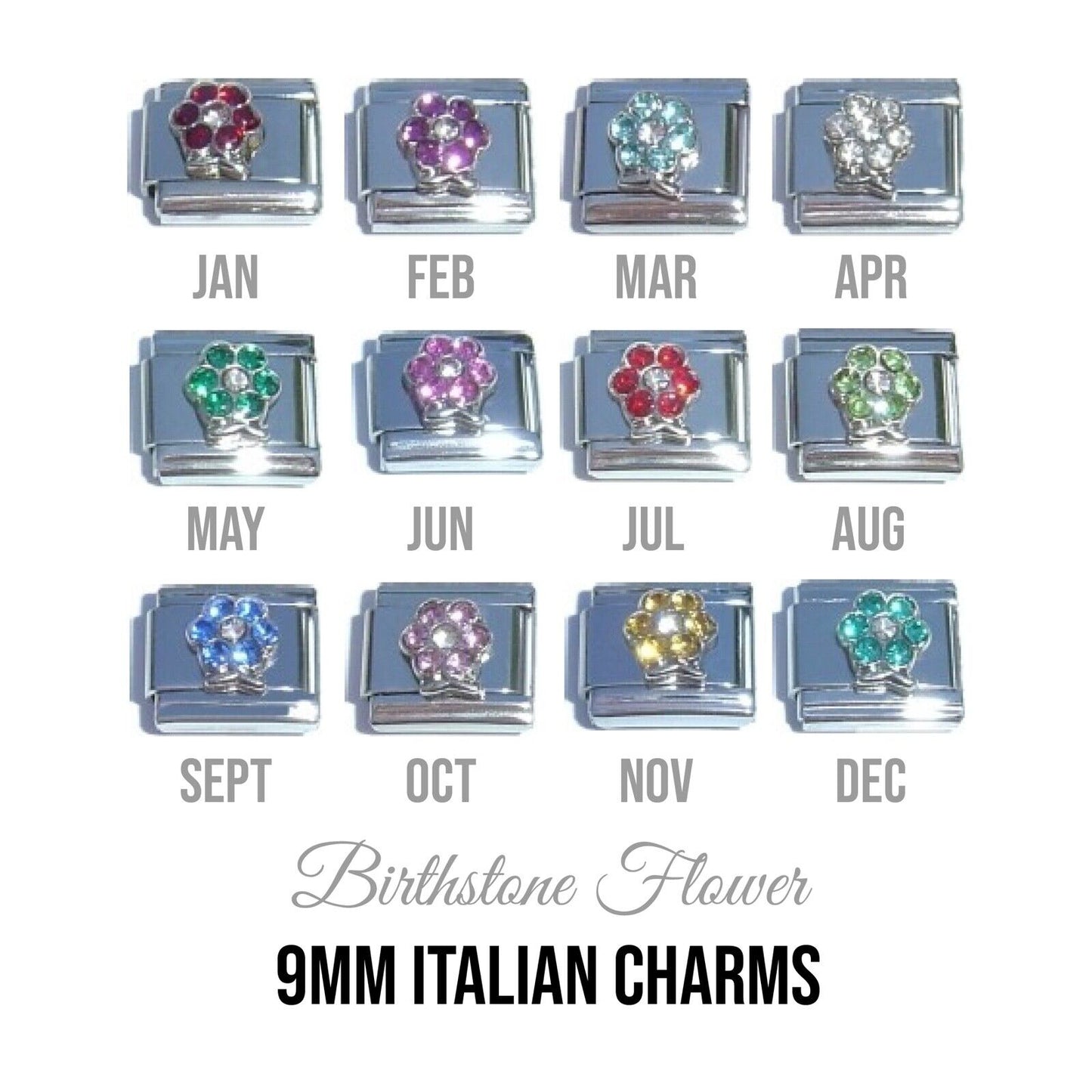Birthstones - Flower with stem birthstone 9mm Italian charm