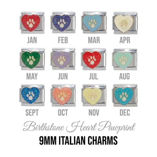 Birthstones - Pawprint in sparkly heart 9mm Italian charm