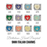 Birthstones - Pawprint in sparkly heart 9mm Italian charm