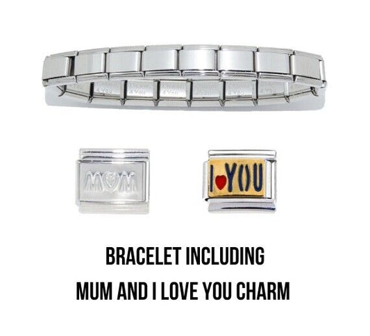 Mother's Day Shiny starter 9mm Italian charm bracelet + Mum & I Love You Charm