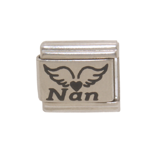 Nan with Angel wings and Heart 9mm Italian charm
