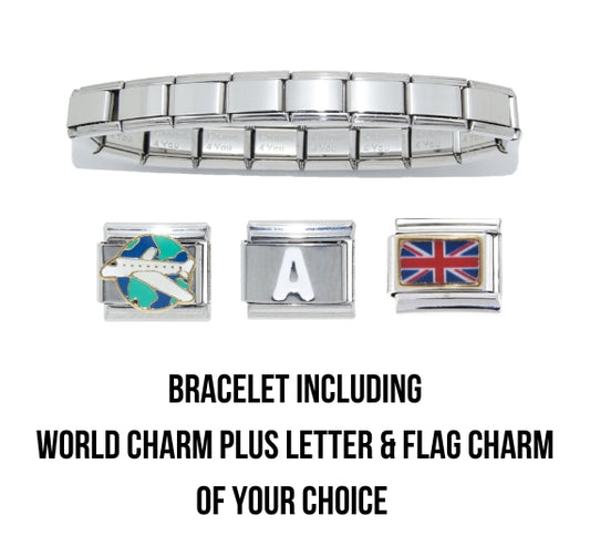 9mm Italian charms Travel Bracelet - World/Plane, letter and flag of your choice
