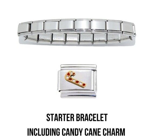 Shiny starter 9mm Italian charm bracelet including a candy cane charm