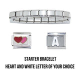 18 link 9mm Italian charm bracelet including heart & white letter of your choice
