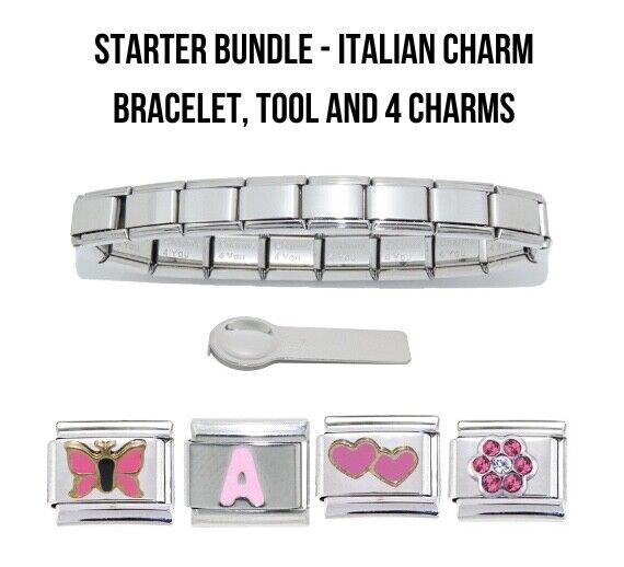 Italian charm BUNDLE offer - 18 link Shiny bracelet, charm tool + 4 pink charms