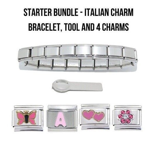 Italian charm BUNDLE offer - 18 link Shiny bracelet, charm tool + 4 pink charms