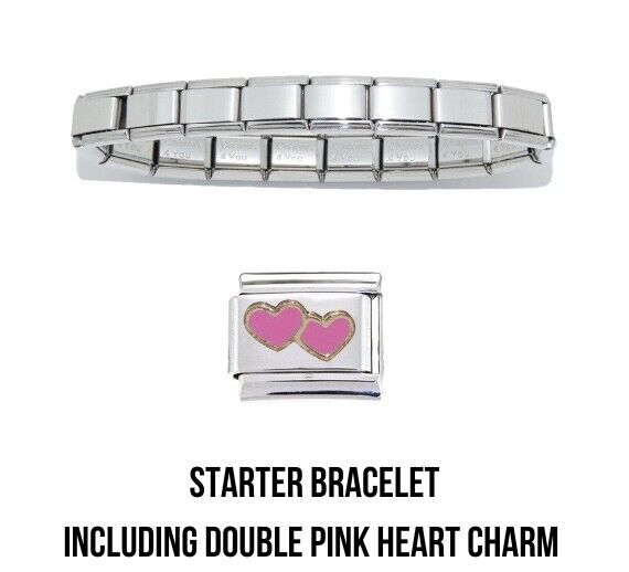 Shiny starter 9mm Italian charm bracelet including a double pink heart charm