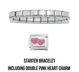 Shiny starter 9mm Italian charm bracelet including a double pink heart charm