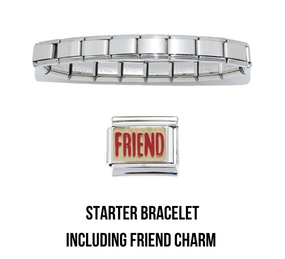 Shiny starter 9mm Italian charm bracelet including red and gold friend Italian charm
