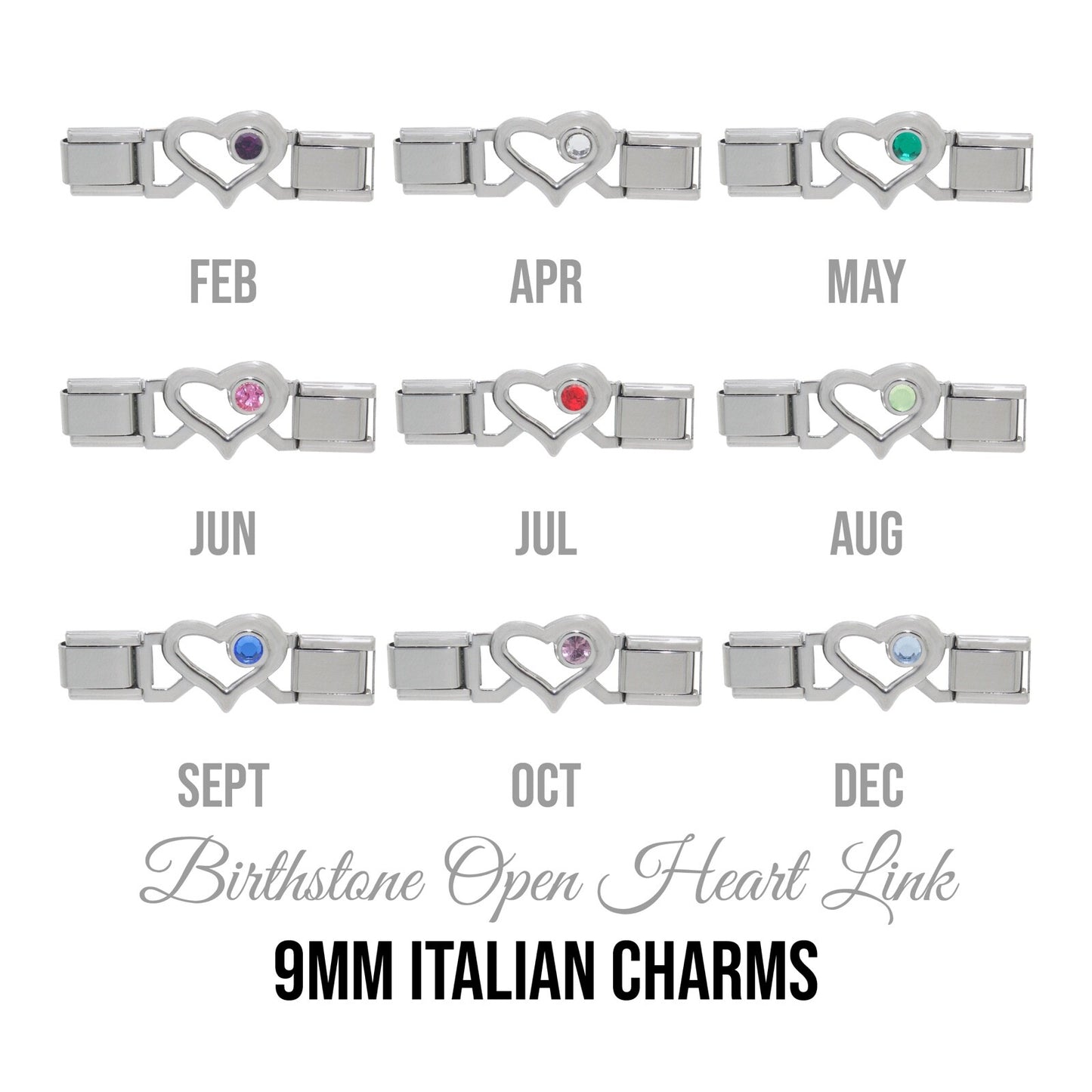 Connector links - Open heart birthstone 9mm Italian charms