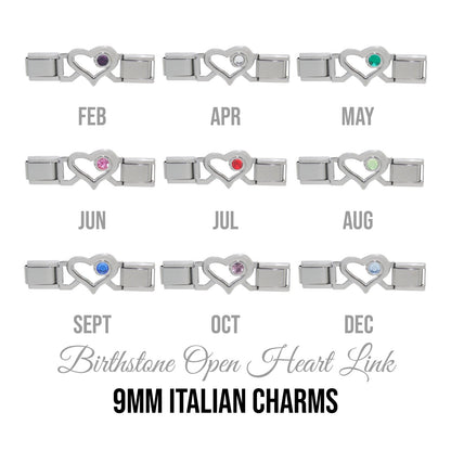 Connector links - Open heart birthstone 9mm Italian charms