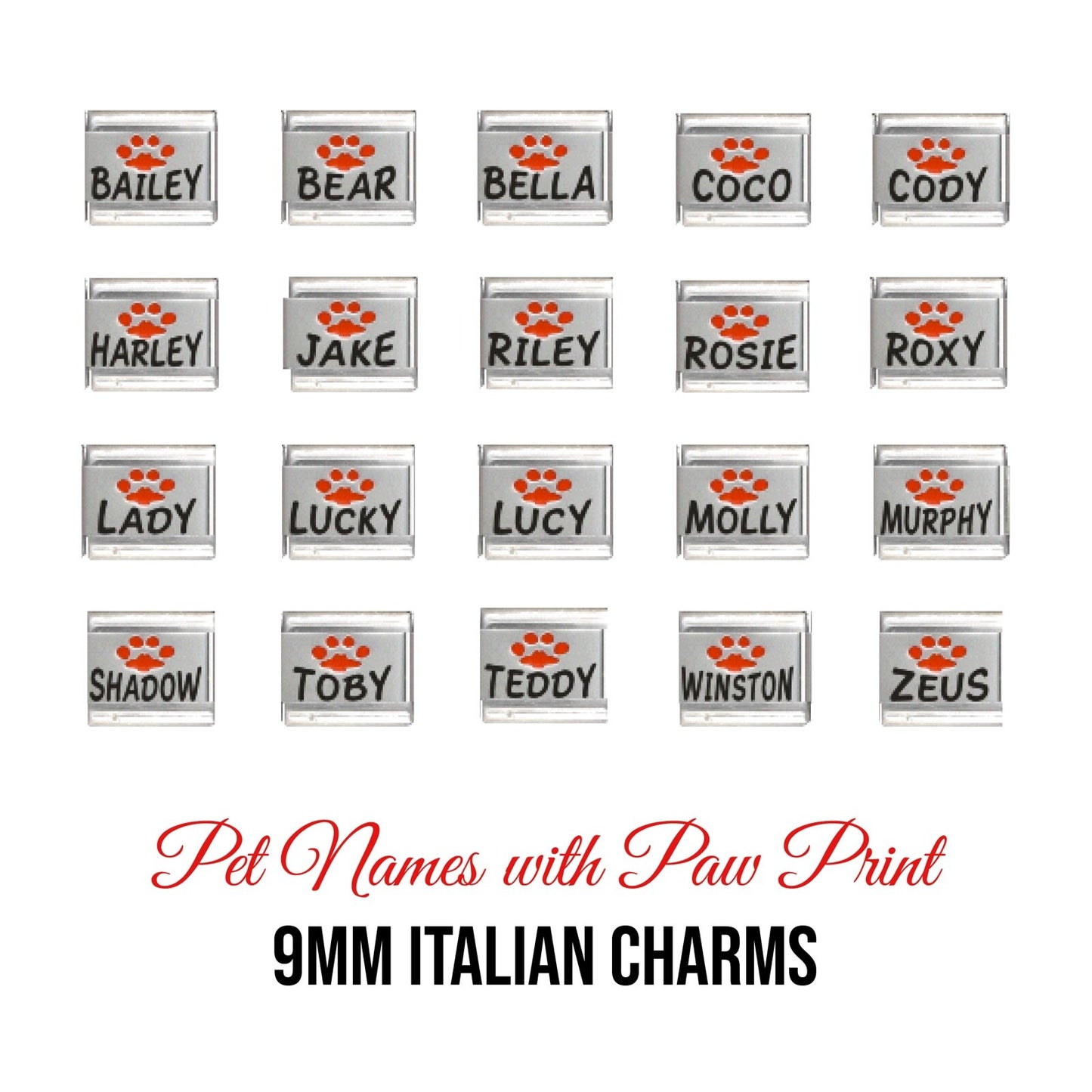 Pet name with pawprint 9mm Italian charms