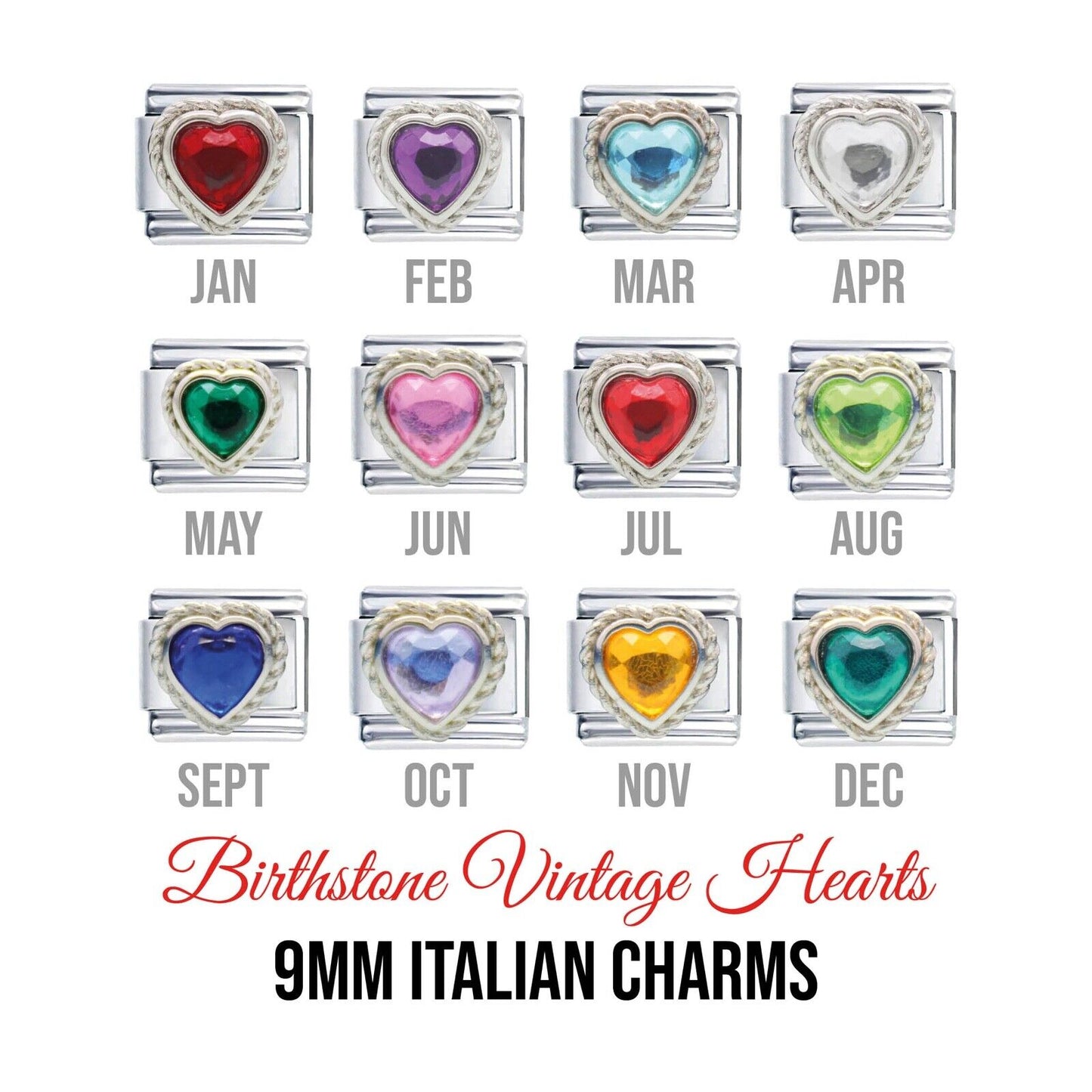 Birthstones - Vintage hearts. 9mm Italian charms