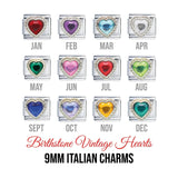Birthstones - Vintage hearts. 9mm Italian charms